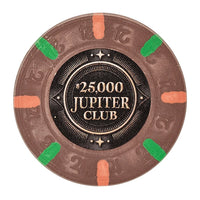 43mm size clay poker chip with 'Jupiter Club' branding on a white background - $25000 denomination