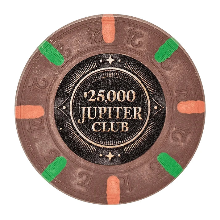 43mm size clay poker chip with 'Jupiter Club' branding on a white background - $25000 denomination