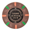 43mm size clay poker chip with 'Jupiter Club' branding on a white background - $25000 denomination