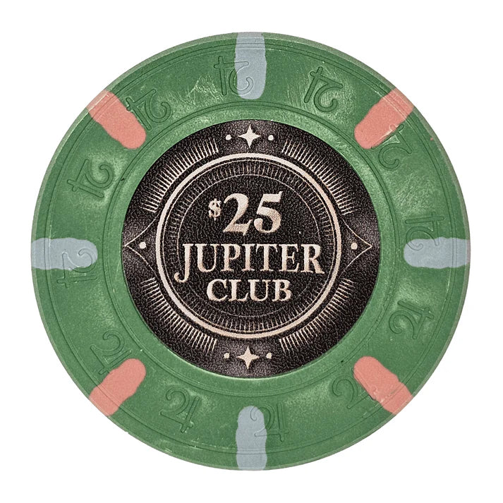 43mm size clay poker chip with 'Jupiter Club' branding on a white background - $25 denomination