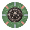 43mm size clay poker chip with 'Jupiter Club' branding on a white background - $25 denomination