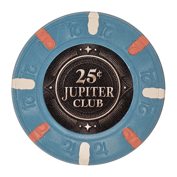 43mm size clay poker chip with 'Jupiter Club' branding on a white background - 25 cent denomination