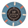 43mm size clay poker chip with 'Jupiter Club' branding on a white background - 25 cent denomination