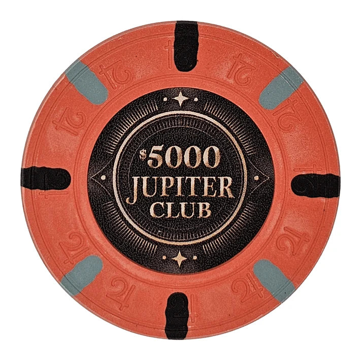 43mm size clay poker chip with 'Jupiter Club' branding on a white background - $5000 denomination