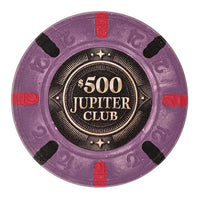 43mm size clay poker chip with 'Jupiter Club' branding on a white background - $500 denomination