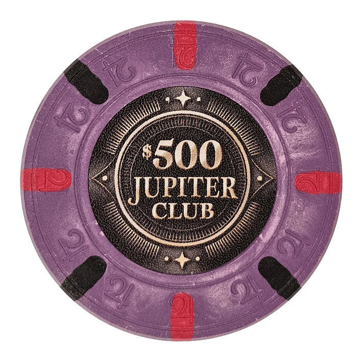 43mm size clay poker chip with 'Jupiter Club' branding on a white background - $500 denomination