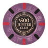 43mm size clay poker chip with 'Jupiter Club' branding on a white background - $500 denomination