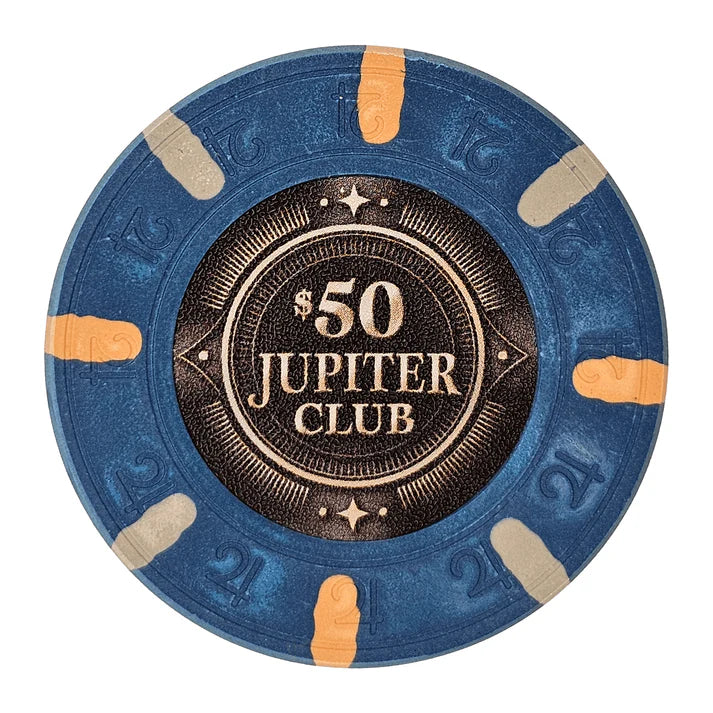 43mm size clay poker chip with 'Jupiter Club' branding on a white background - $50 denomination