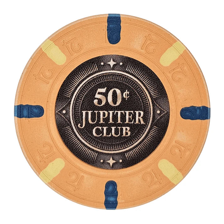 43mm size clay poker chip with 'Jupiter Club' branding on a white background - 50 cent denomination