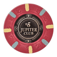 43mm size clay poker chip with 'Jupiter Club' branding on a white background - $5 denomination