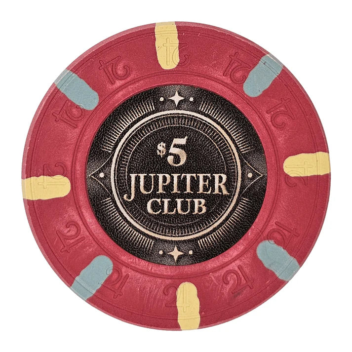 43mm size clay poker chip with 'Jupiter Club' branding on a white background - $5 denomination