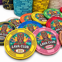 Lava Club ceramic poker chips. Pink and yellow chips in the forefront.