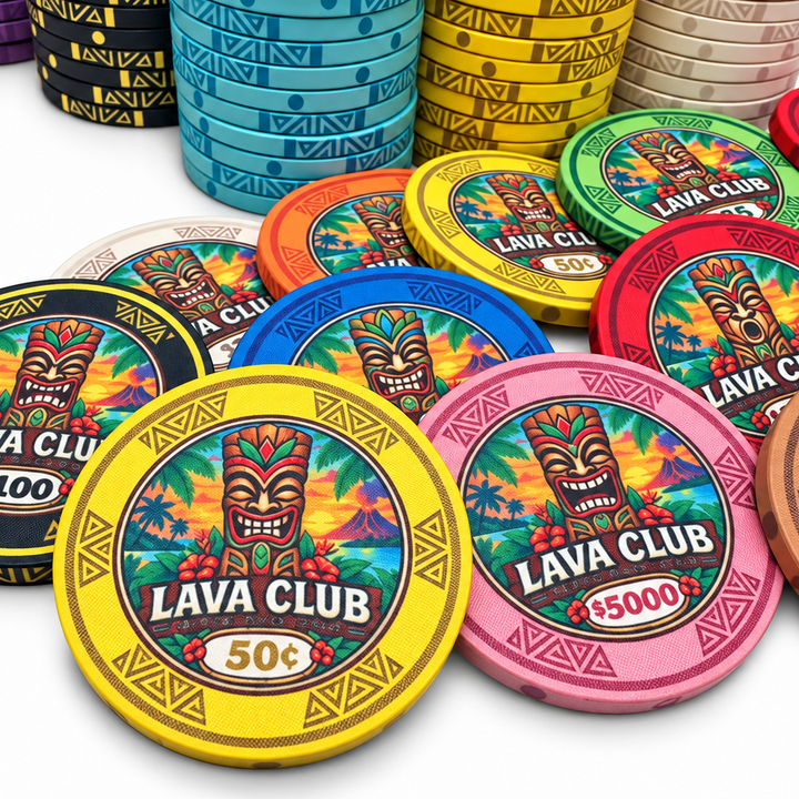 Lava Club ceramic poker chips. Pink and yellow chips in the forefront.