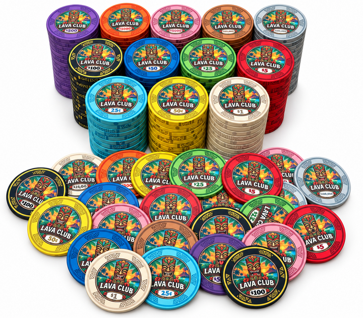 Lava Club ceramic poker chips - complete set group shot with piles and stacks