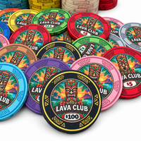 Lava Club ceramic poker chips, with black $100 chip in the forefront
