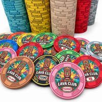 Lava Club ceramic poker chips with a pink $5,000 denomination chip in the forefront