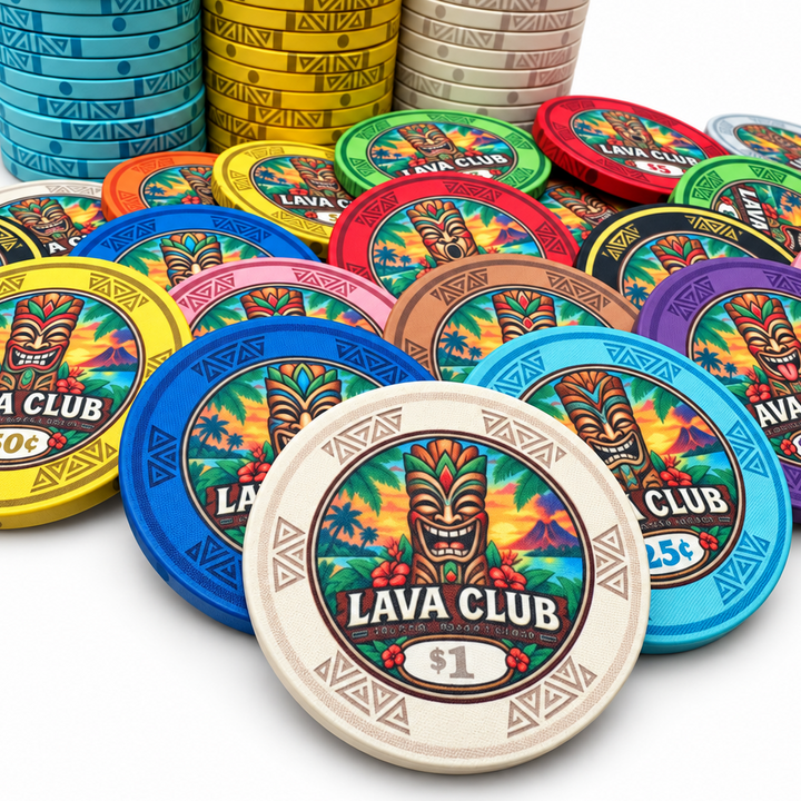 Lava Club ceramic poker chips with a $1 ivory chip in the forefront