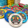Lava Club ceramic poker chips with a $1 ivory chip in the forefront