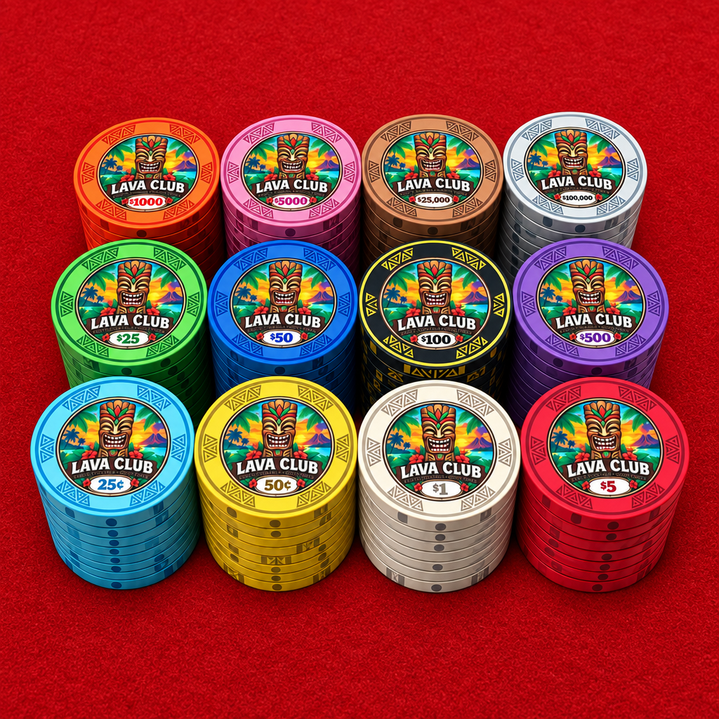 Lava Club ceramic poker chips, 12 stacks of each denomination on a bright red poker table