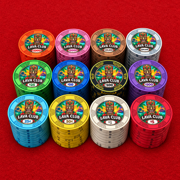 Lava Club ceramic poker chips, 12 stacks of each denomination on a bright red poker table