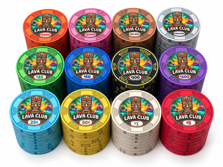 Lava Club ceramic poker chips - complete set of poker chips in stacks, top view