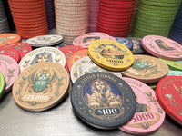 Lotus Lounge Ceramic Poker Chips close-up of the $100 Sphinx chip. 