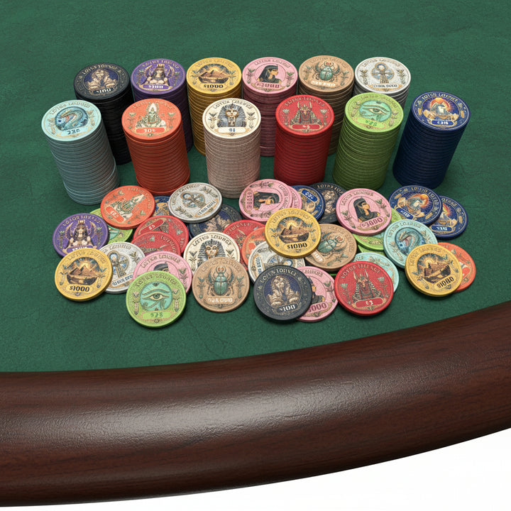 Lotus Lounge ceramic poker chips, show on poker table, full set