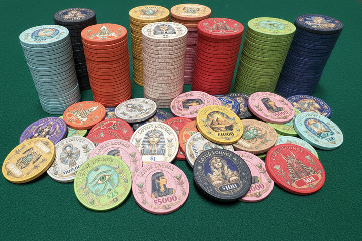 Lotus Lounge Ceramic Poker Chips displaying all denominations