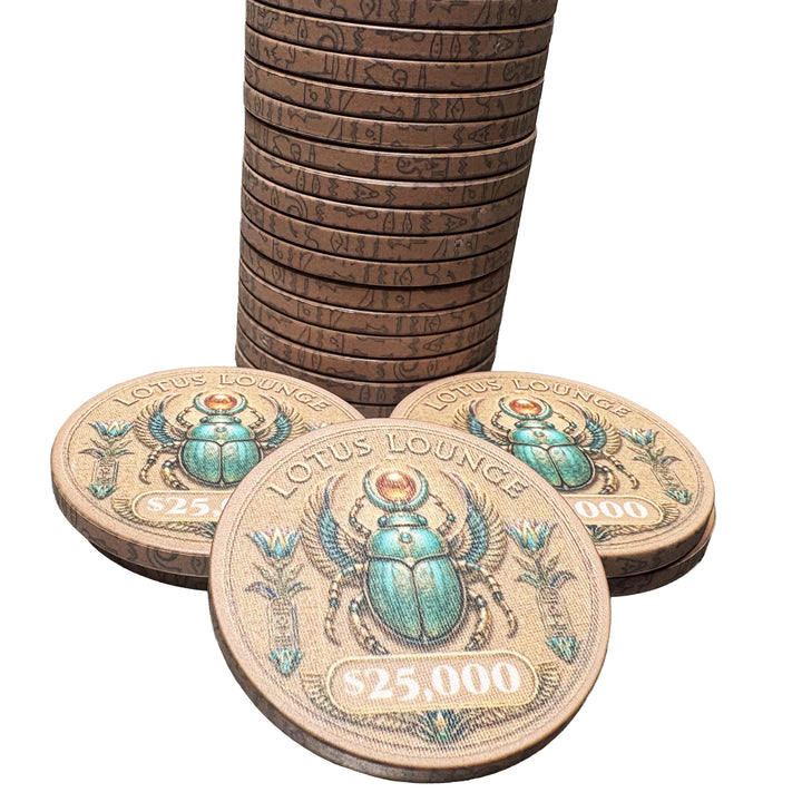 Lotus Lounge ceramic poker chips, $25,000 denomination.