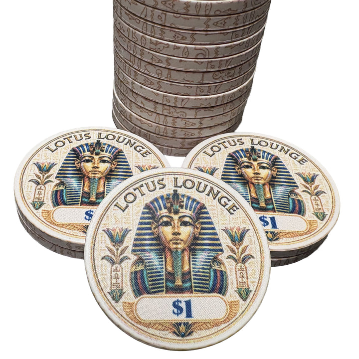 Lotus Lounge ceramic poker chips -
 $1 denomination. 