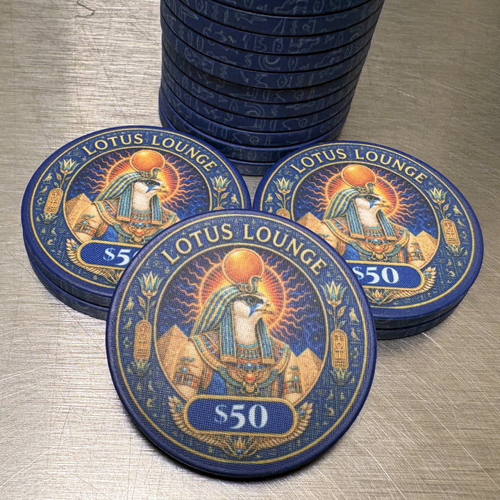 Lotus Lounge Ceramic Poker Chips. $50 denomination.
