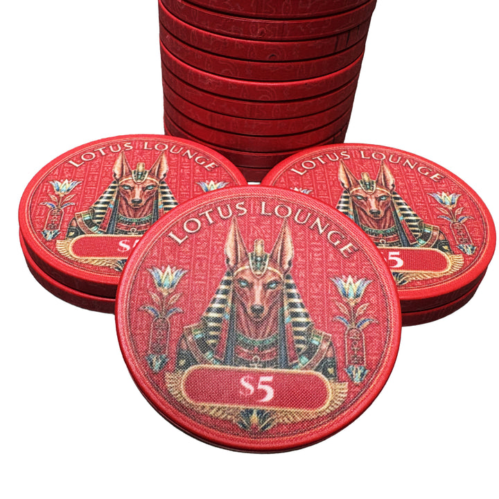 Lotus Lounge ceramic poker chips, $5 denomination
