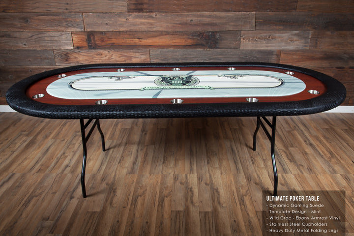 The Ultimate Custom Poker Table With Black Exotic Vinyl Armrest, Stainless Steel Cupholders, and Custom Printed Playing Surface Using The Mint Template
