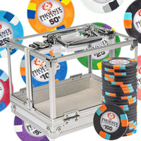 600 capacity Poker chip carrier with Phoenix Cardroom poker chips on a white background