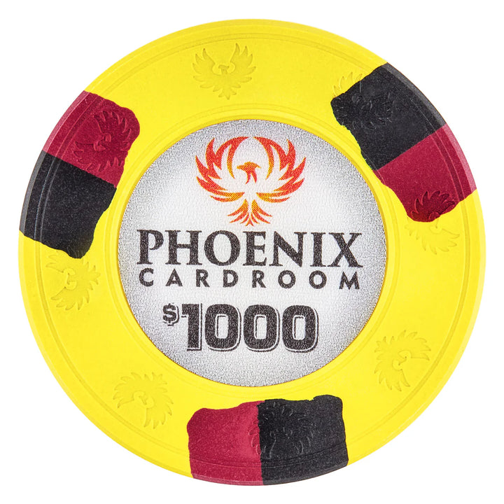 Clay poker chip with Phoenix Cardroom logo and $1000 denomination on a white background