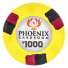 Clay poker chip with Phoenix Cardroom logo and $1000 denomination on a white background