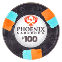 Black clay Phoenix Cardroom $100 poker chip with colorful border on a white background
