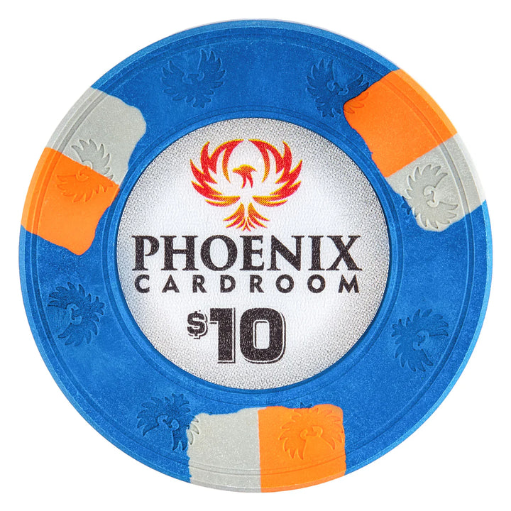 Blue clay poker chip with Phoenix Cardroom logo and $10 denomination on a white background