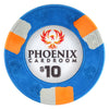 Blue clay poker chip with Phoenix Cardroom logo and $10 denomination on a white background