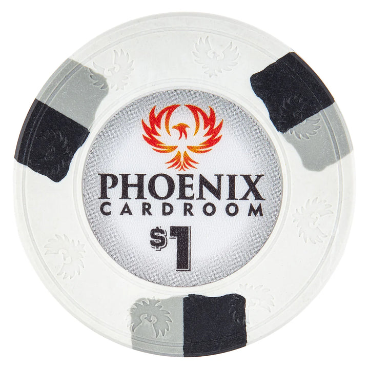 White clay poker chip with Phoenix Cardroom logo and $1 denomination on a white background