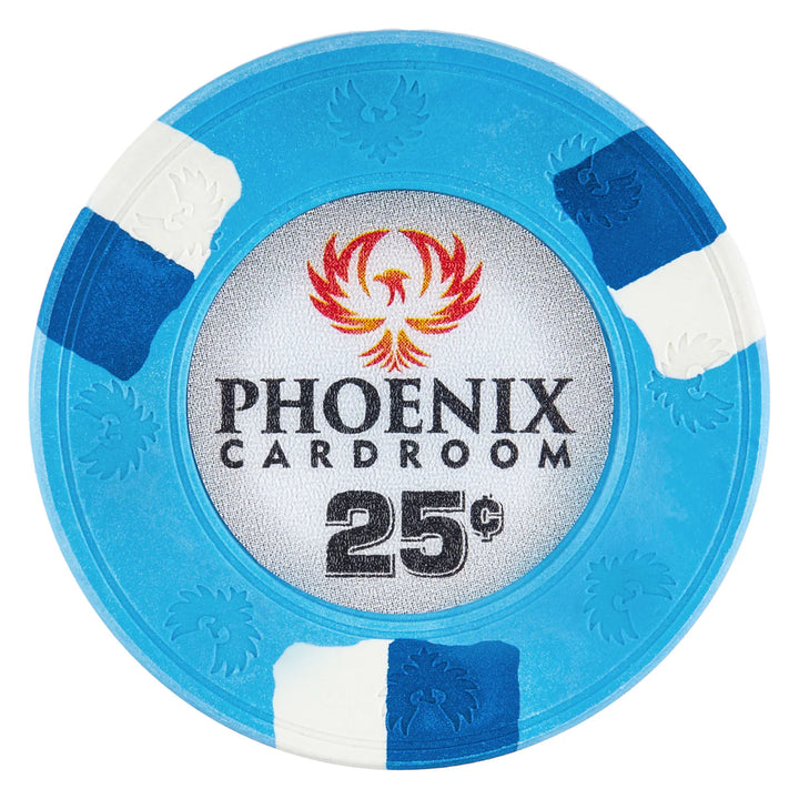Light blue clay poker chip with Phoenix Cardroom logo and text on a white background