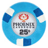 Light blue clay poker chip with Phoenix Cardroom logo and text on a white background