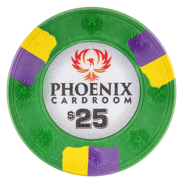 Green clay poker chip with Phoenix Cardroom logo and $25 denomination on a white background