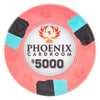 Clay poker chip with Phoenix Cardroom logo and $5000 denomination on a white background