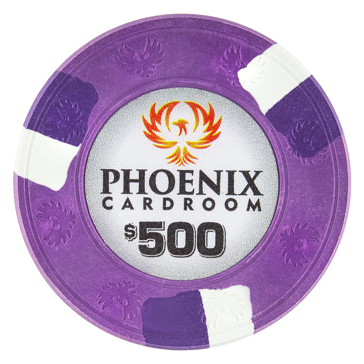 Clay purple poker chip with Phoenix Cardroom logo and $500 denomination on a white background