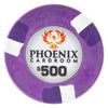 Clay purple poker chip with Phoenix Cardroom logo and $500 denomination on a white background