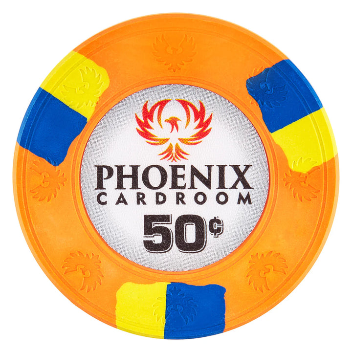 Orange clay poker chip with Phoenix Cardroom logo and 50 cents denomination.