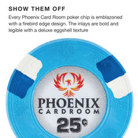 Blue Phoenix Card Room poker chip with firebird design and text.