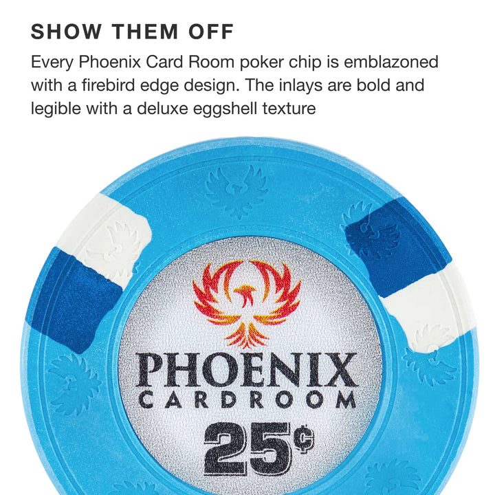 Blue Phoenix Card Room poker chip with firebird design and text.