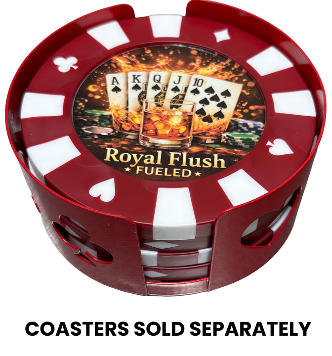 Poker-themed drink coaster holder with coasters inside - red